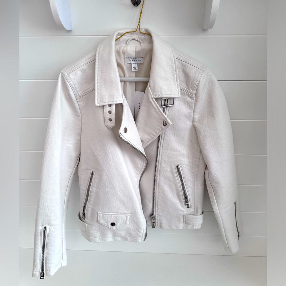Topshop faux leather biker jacket in off-white